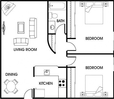 Floor plan for 2 beds, 1 bath, 875 sqft